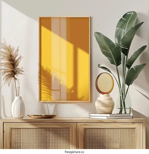 Minimalist Interior Design Mockup with Yellow Frame and Wooden Cabinet