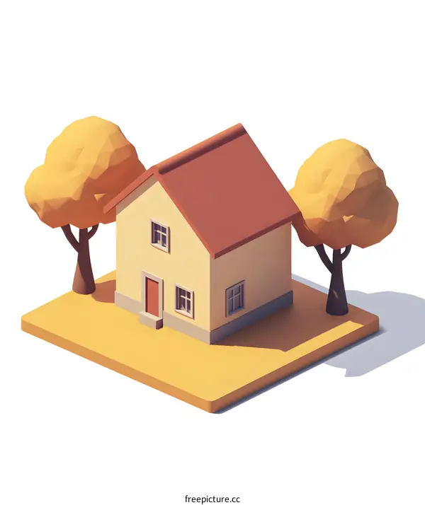 Low Poly House with Two Trees Illustration