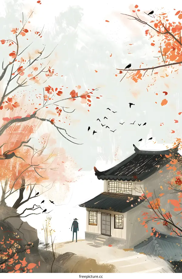 Autumn Landscape with Traditional Chinese House and Man