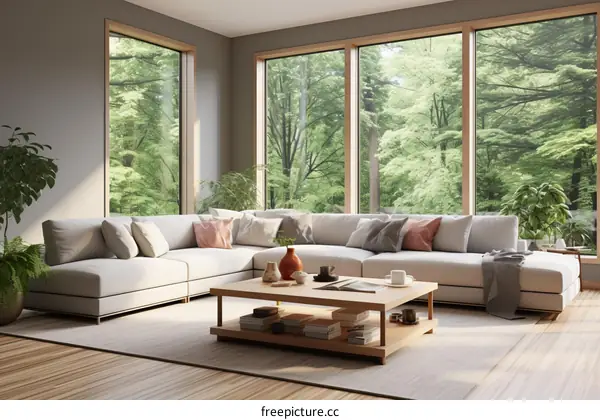 Modern Living Room with Large Windows and Forest View