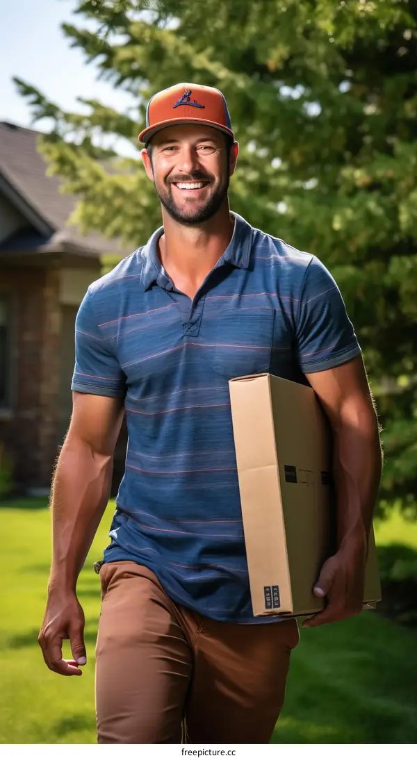 Smiling delivery man in uniform holding a box