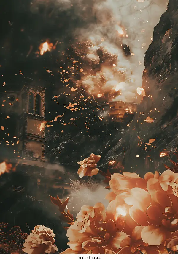 Abstract Art With Orange Flowers And A Building