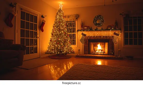 A cozy living room with a fireplace and a decorated Christmas tree