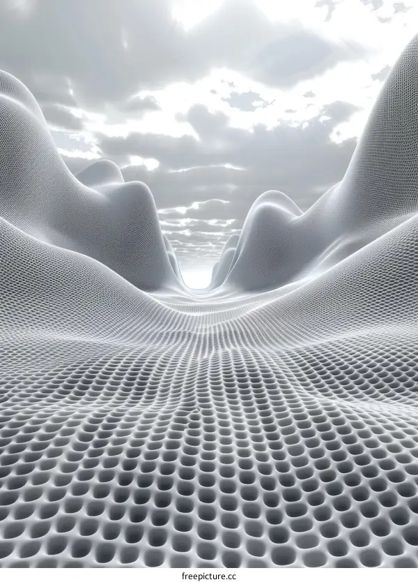 Futuristic white landscape with a bright light in the distance