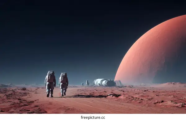 Astronauts Exploring Mars Surface and Spacecraft