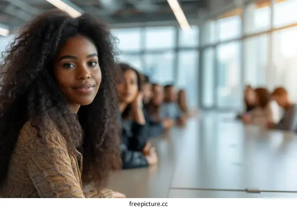 Black woman smiling in a conference room full of people