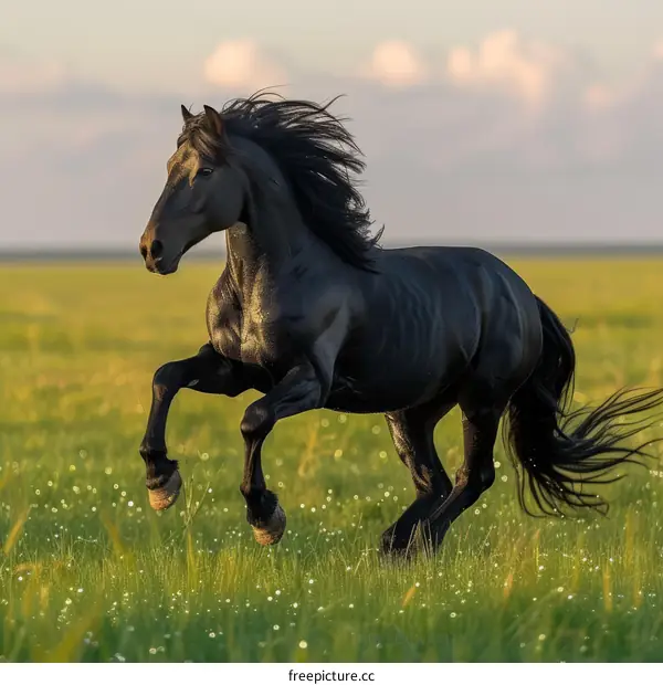 A black horse is running in the green field