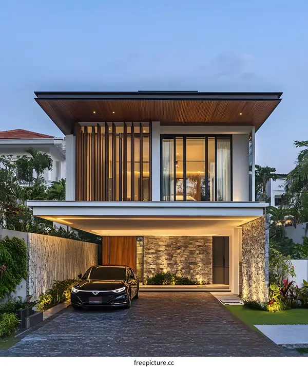 Modern Luxury House with Stone Wall and Carport