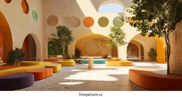 Modern Interior Design with Colorful Furniture in an Arched Courtyard
