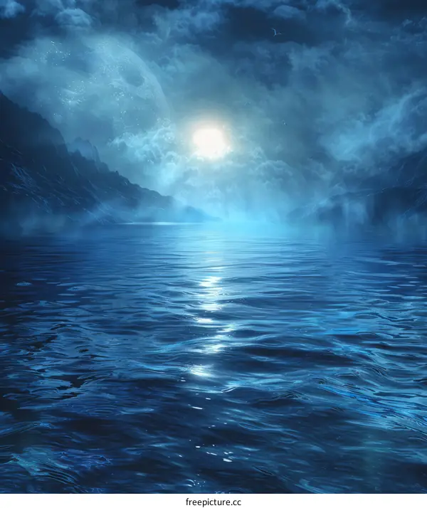 Fantasy landscape with a glowing moon and stars