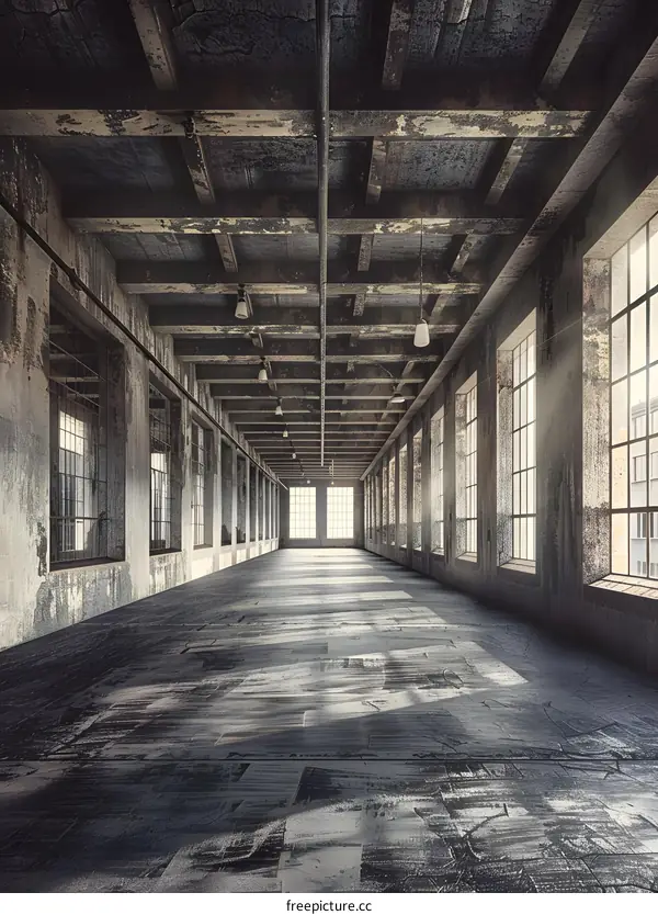 Long Hallway In An Abandoned Factory Building