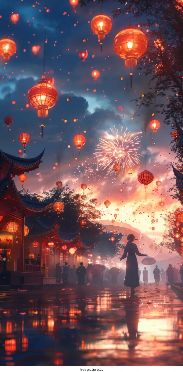 Bustling Chinese Street with Fireworks and People During Lantern Festival