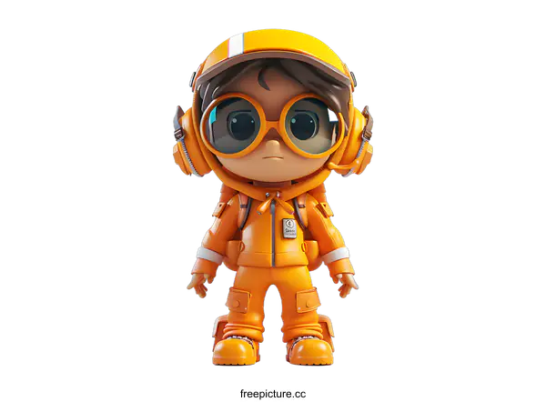[Transparent Background PNG]3D cartoon character of a kid wearing an orange jumpsuit and a yellow helmet