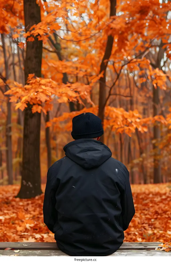 Man Sitting On A Bench In Autumn Forest