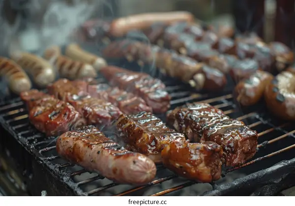 A variety of meats and sausages are being grilled on a barbecue.