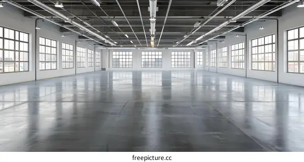 Empty Large Industrial Building Interior With Big Windows