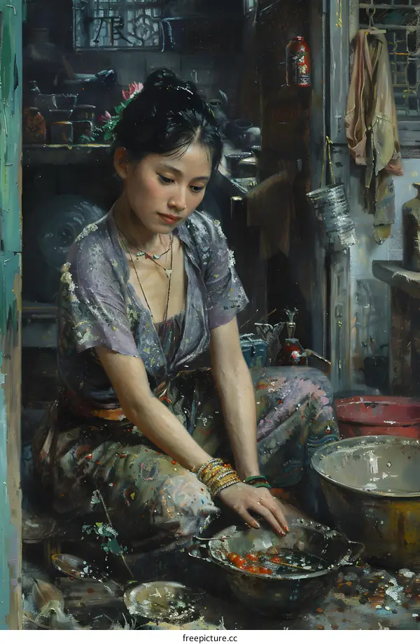 A thoughtful Chinese woman is washing clothes in the laundry room