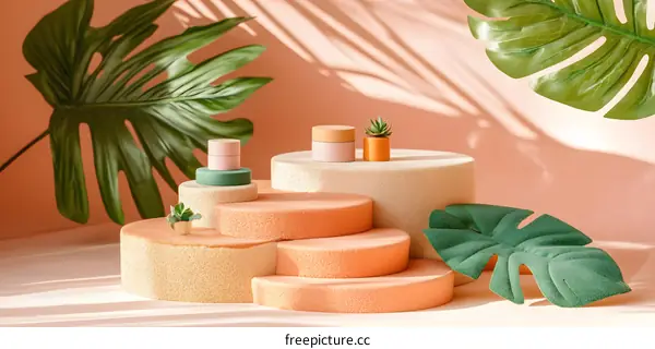 Minimalist Product Display with Tropical Leaves and Soft Textures