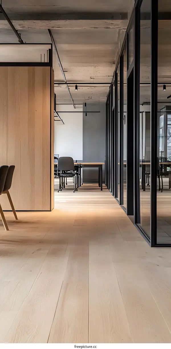 Modern Office Interior Design with Wooden Floor and Glass Partitions