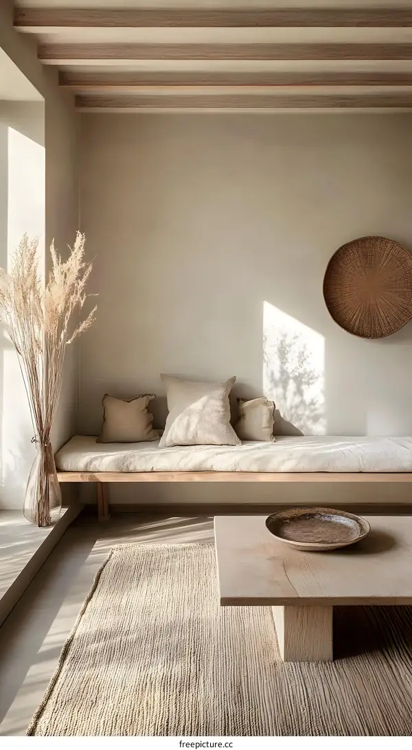 Minimalist Living Room with Wooden Beams and Natural Elements