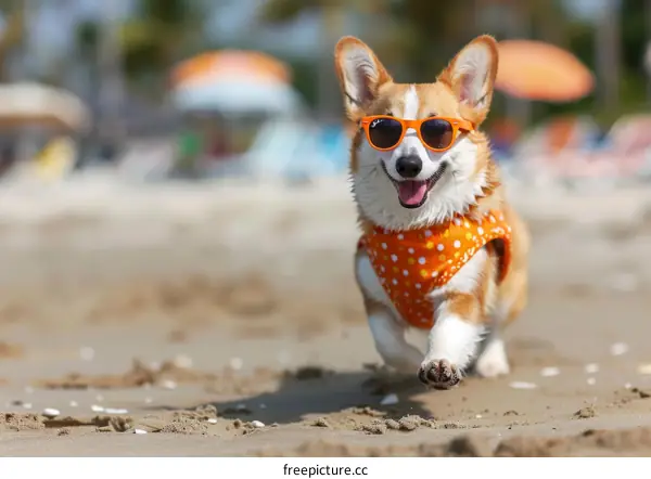 Happy dog wearing sunglasses and bandana running on beach