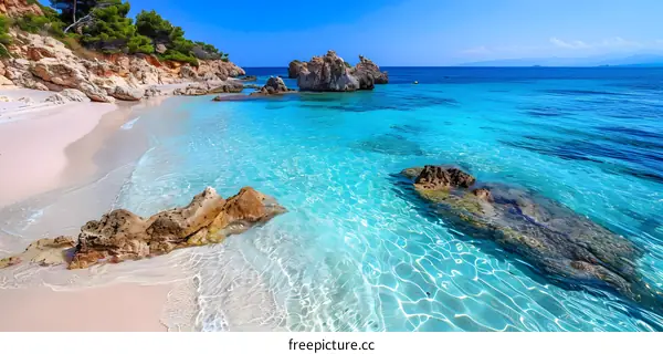 rocks in the clear blue ocean water with white sand beach