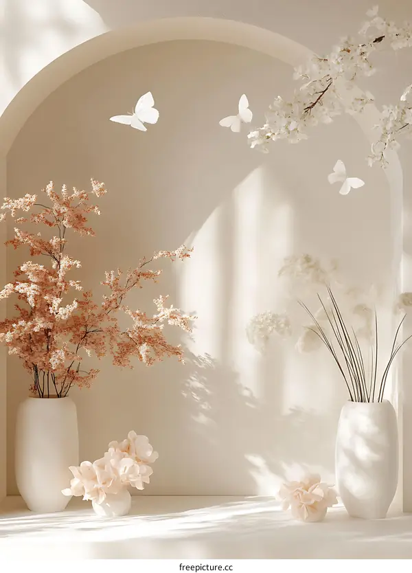 Minimalist White Interior Design with Flowers and Butterflies
