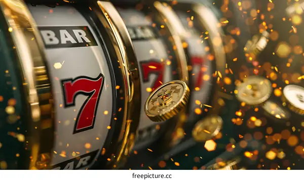 Slot machine with golden bitcoin coins and red sevens