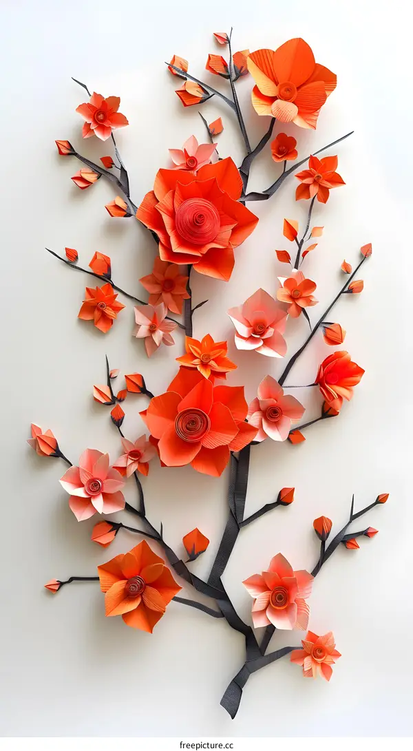 Orange Paper Flower Tree Art