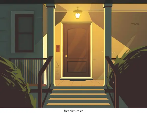 Front Door of a House at Night with Stairs