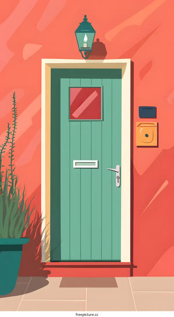 Green Door on Red Wall with a Lamp