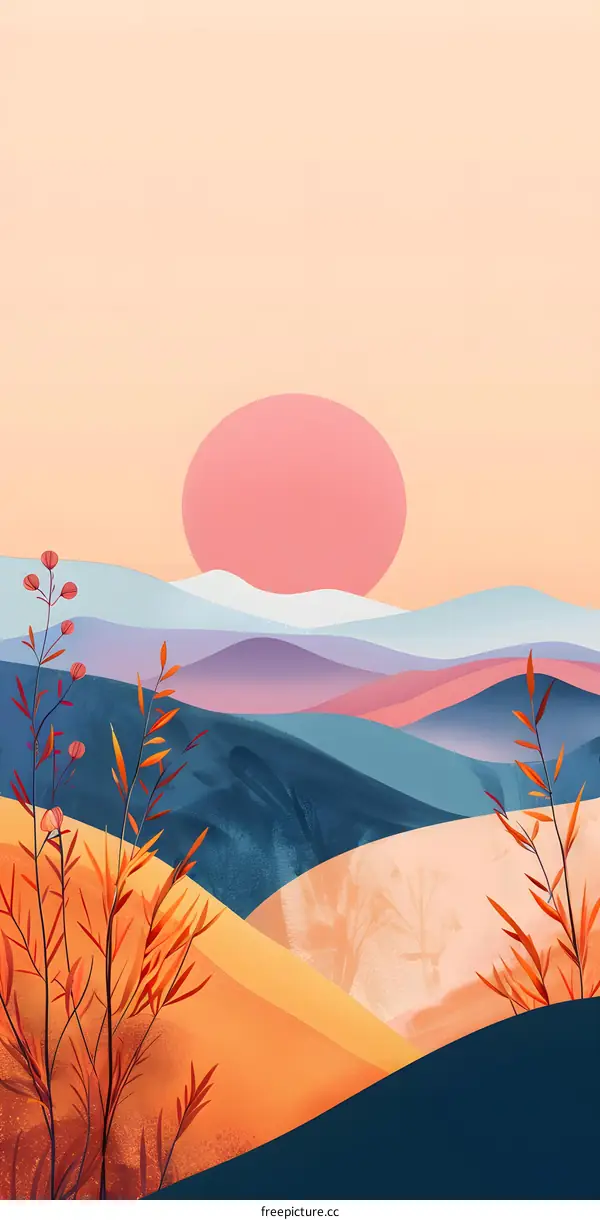 Abstract Sunset Landscape with Mountains and Minimalist Trees