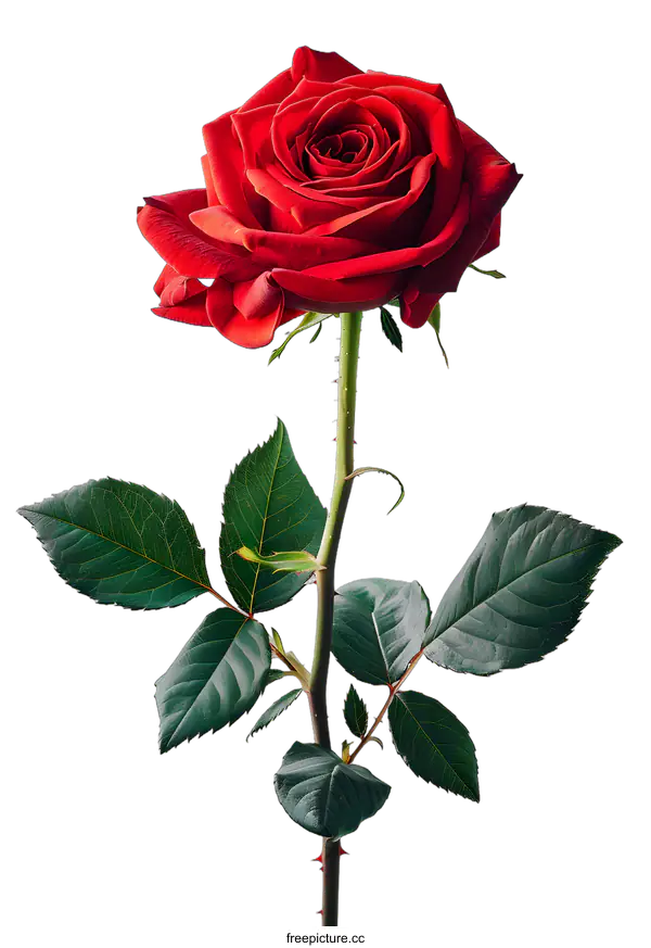 [Transparent Background PNG]Single Red Rose with Green Leaves on White Background