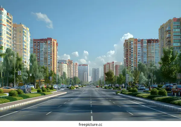 Cityscape with wide road and apartment buildings