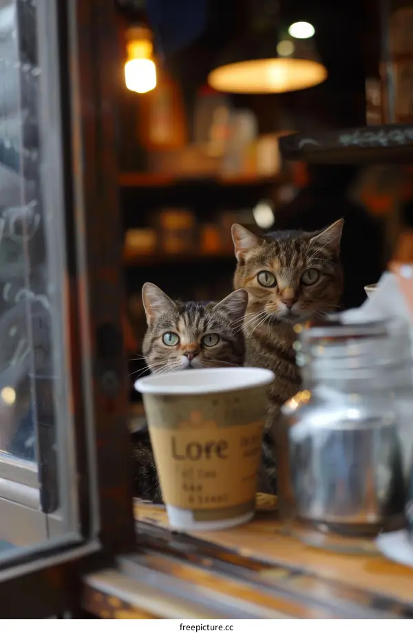Two cats sitting on a table in a cafe