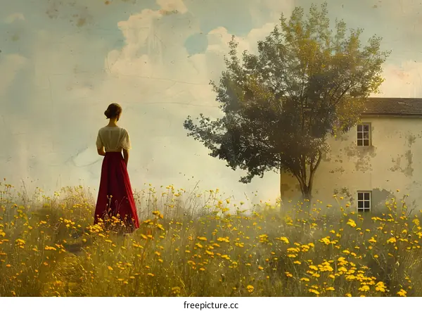 girl in red dress standing in a field of yellow flowers looking at an old house