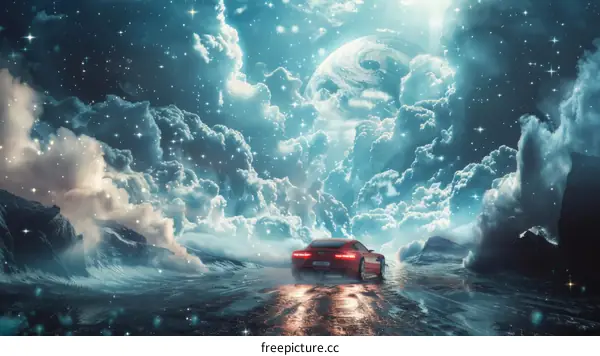 Red Sports Car Driving Under the Stars and Planets