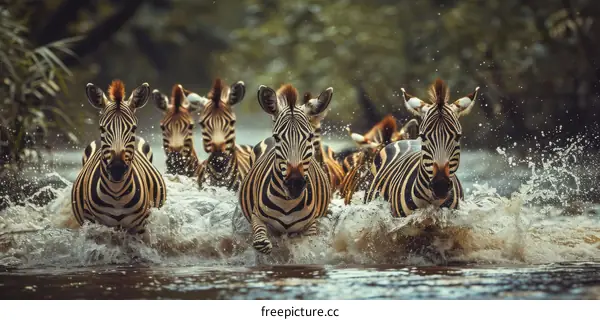 Zebras running in water