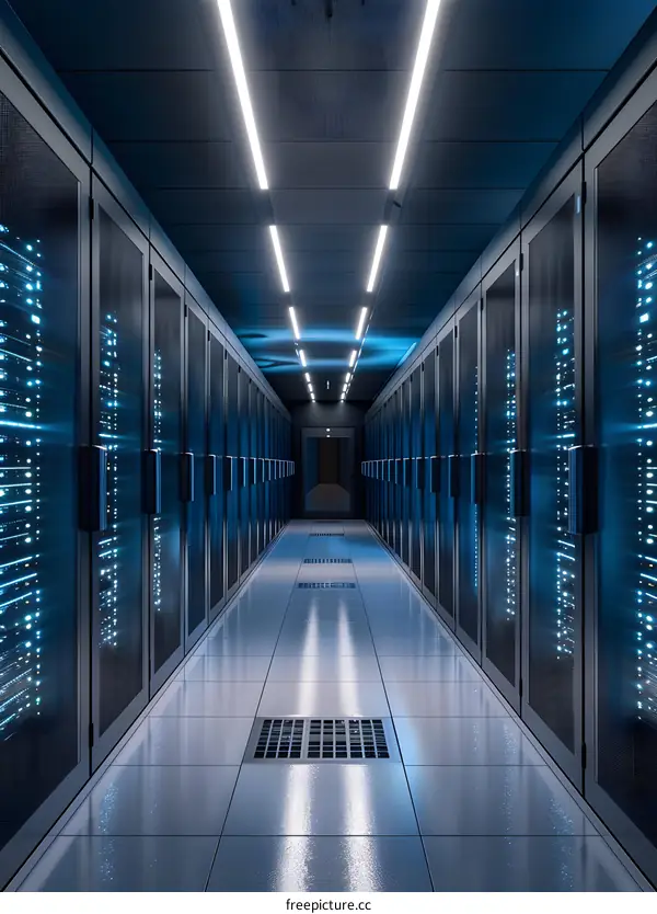 Futuristic server room with blue lights