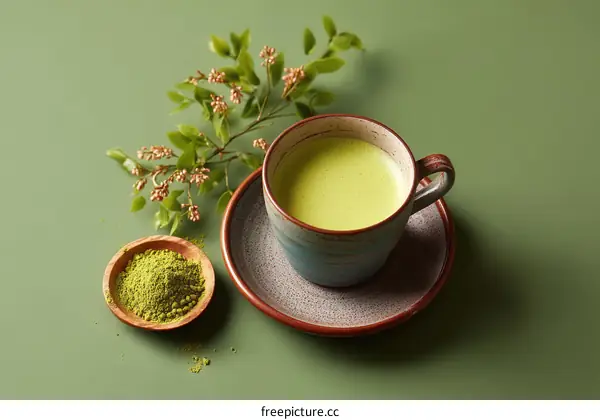 Green Matcha Latte in a Cup with Powder