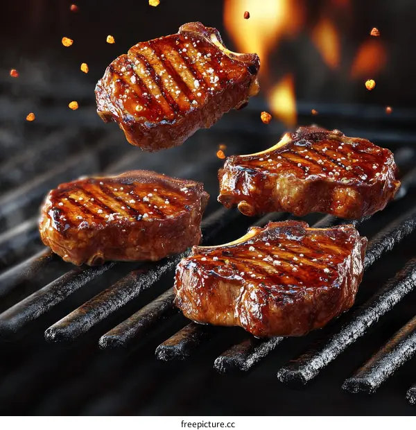 Grilled Pork Chops Cooking on a Barbecue Grill