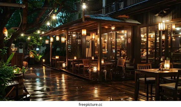 Wooden tables and chairs in a restaurant with a wooden floor and a wooden roof. There are many light bulbs hanging from the roof.
