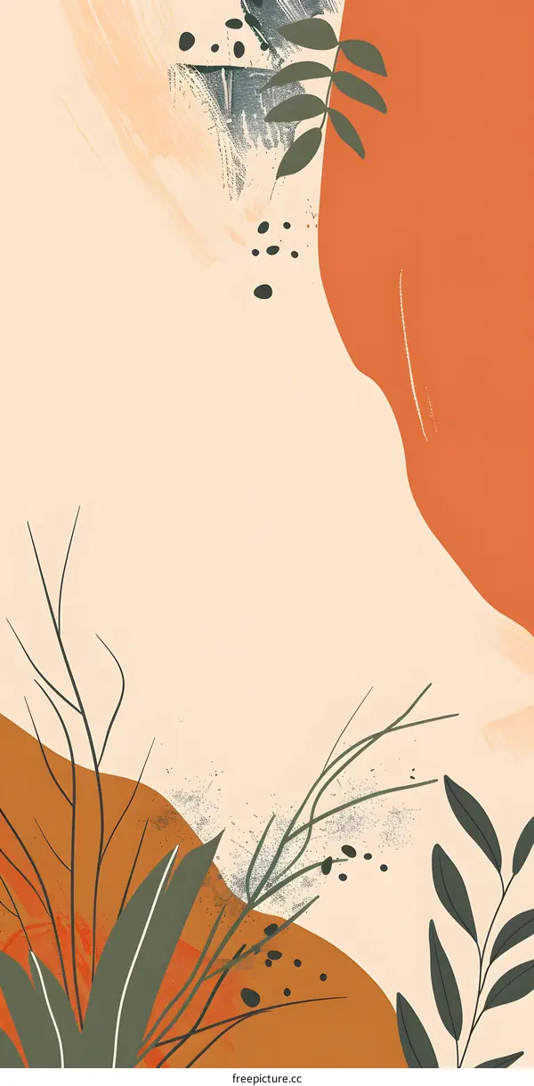 Abstract Minimalist Floral Illustration With Green Leaves And Orange Background