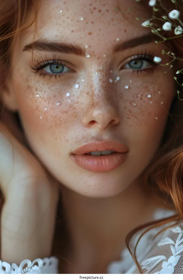 Close-up portrait of a beautiful young woman with red hair and freckles