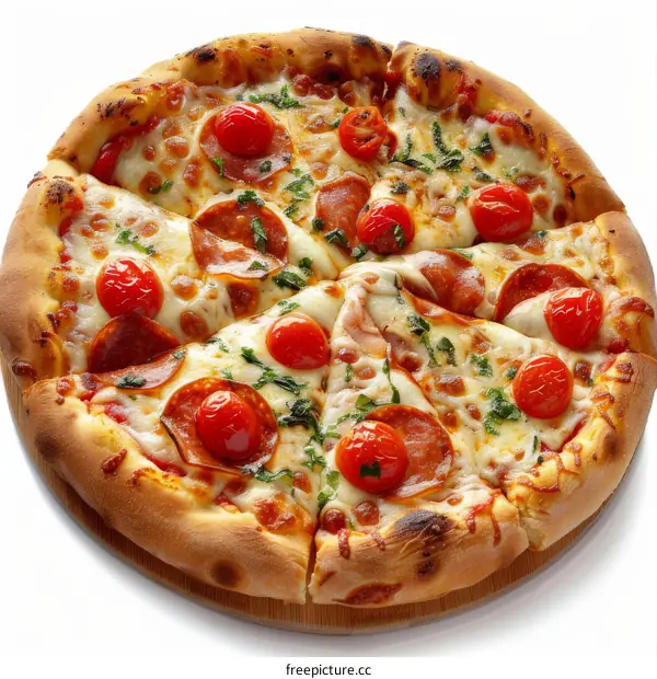 A savory pizza with pepperoni, mozzarella cheese, and fresh cherry tomatoes.