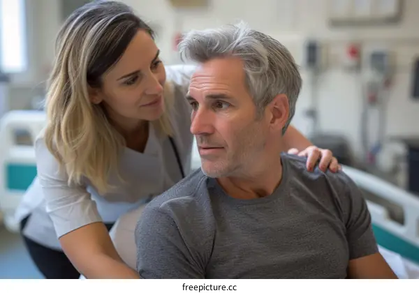 A female doctor is talking to a male patient in a hospital.