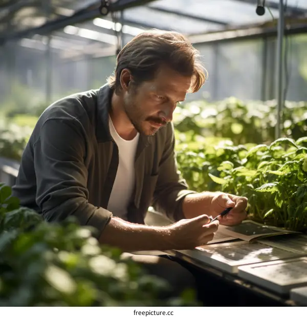 Male botanist examining plants in greenhouse