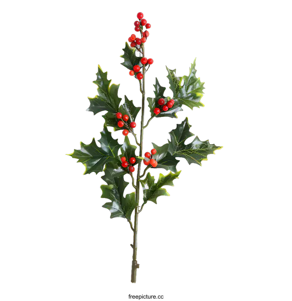 [Transparent Background PNG]Green Holly Branch with Red Berries on White Background