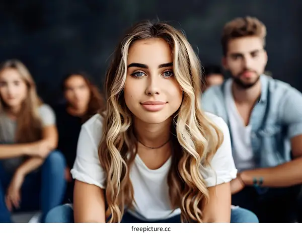Group of Friends Sitting Together, Smiling Woman