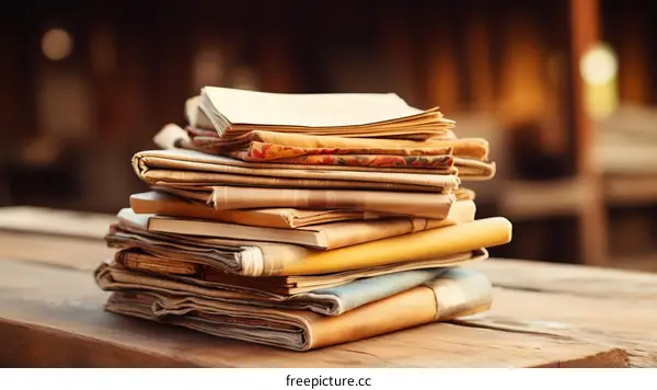 Stack of old books and newspapers on a wooden table